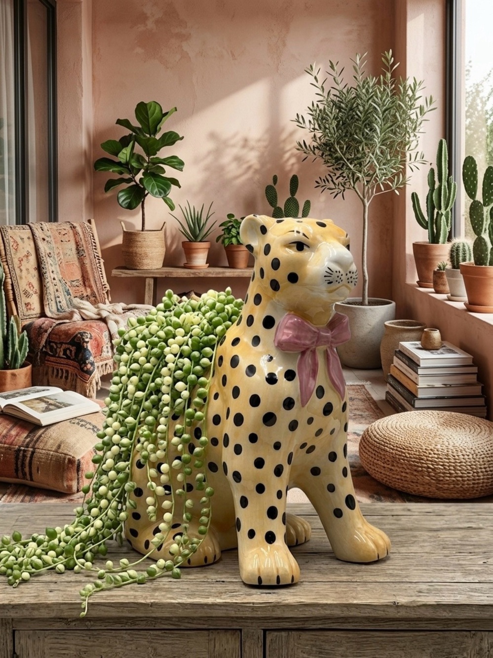 Ceramic Leopard Planter with Pink Bow, Large Cheetah Figurine Pot